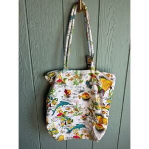 Vintage Fish Print Canvas Tote Bag w/ Wooden Beads 90s